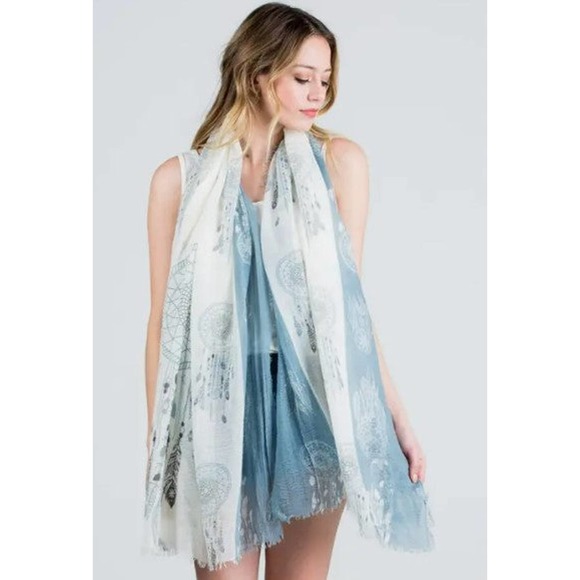Light Blue White Dream Catcher Lightweight Frayed Scarf Wrap - Picture 5 of 7
